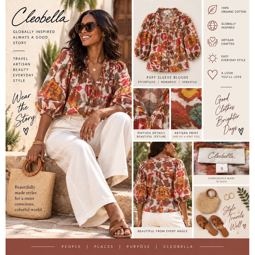 Cleobella Womens Small Organic Cotton Floral Puff Sleeve Pintuck Boho Blouse